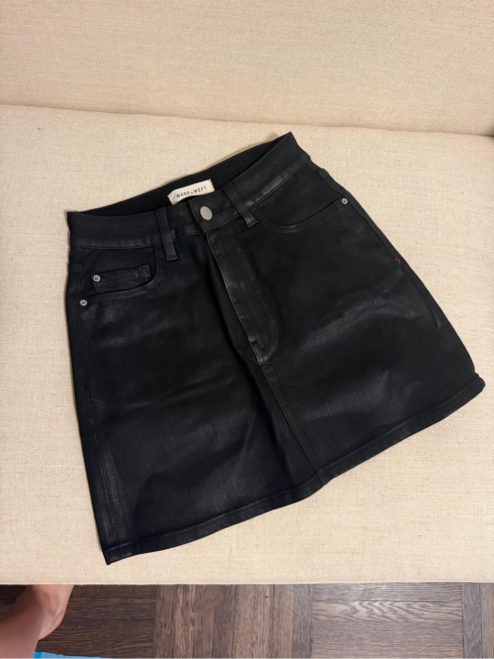 Brand New Black Waxed Denim Mini Skirt